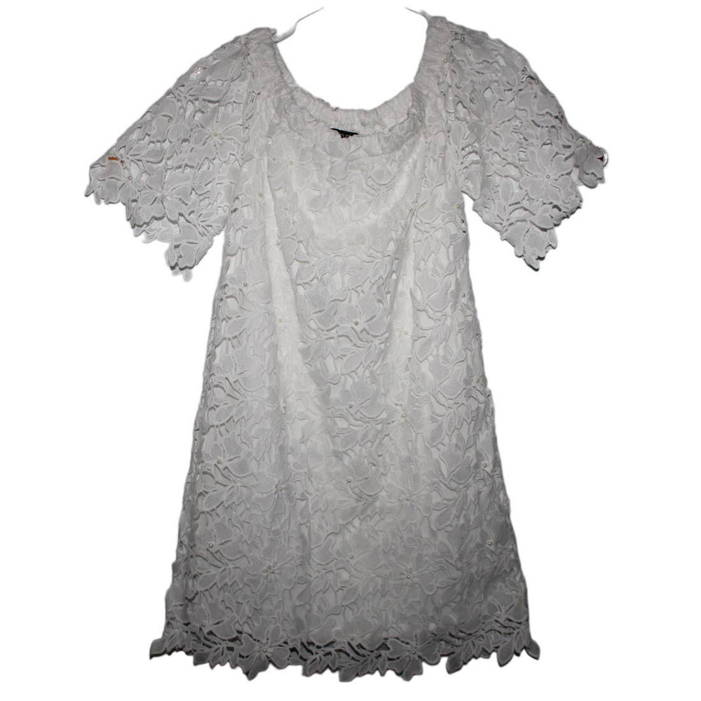 Women's Boston Proper White Floral Lace Short Sleeve Mini Midi Sundress Sz Small